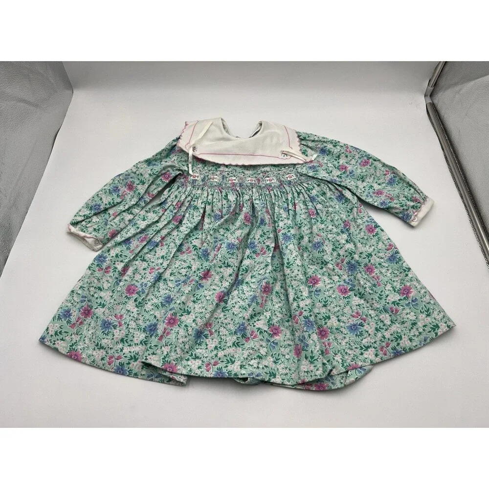 Vintage Rosey Kids Smocked Bishop Dress Girl 3T Blue Floral Embroidery